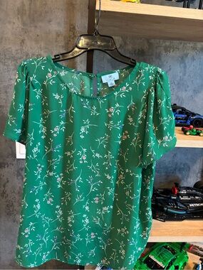 CeCe Green Floral Short Sleeve Blouse with Pink Accents